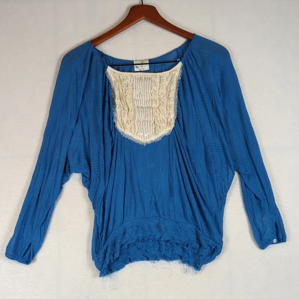 Free People Blue‎ Sequin & Lace Tunic Long Sleeve Shirt XS